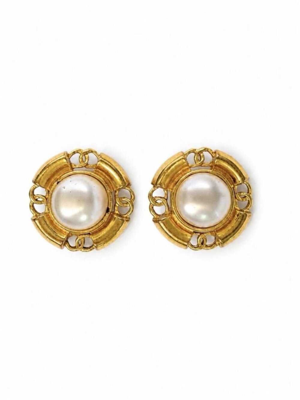 Authentic Vintage Chanel Faux Pearl CC Gold Tone Earrings